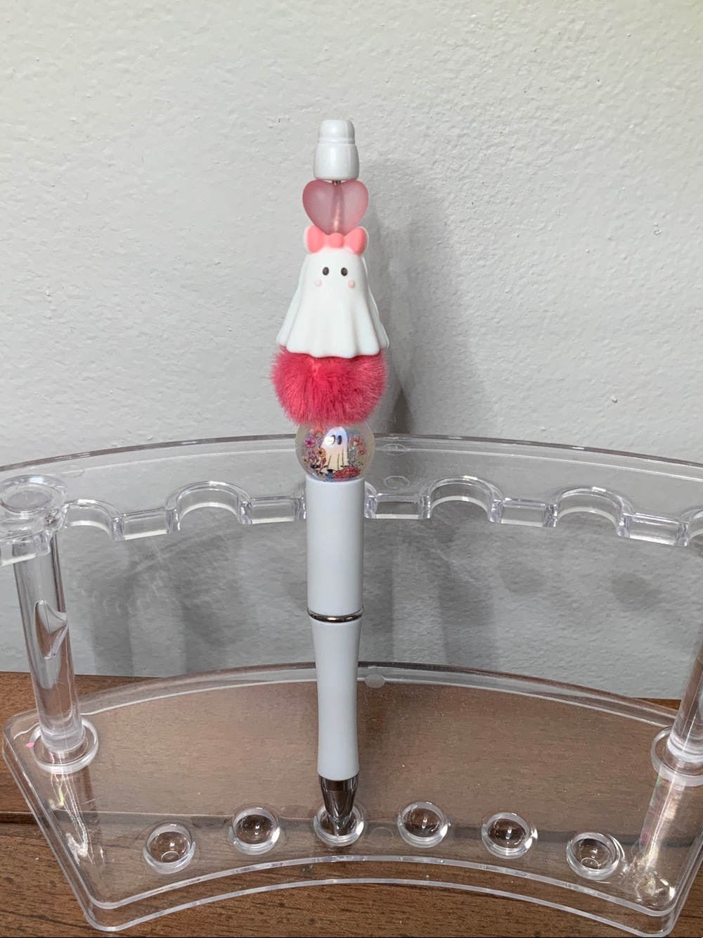 Whimsical Pink Ghost Pom-Pom White Pen
